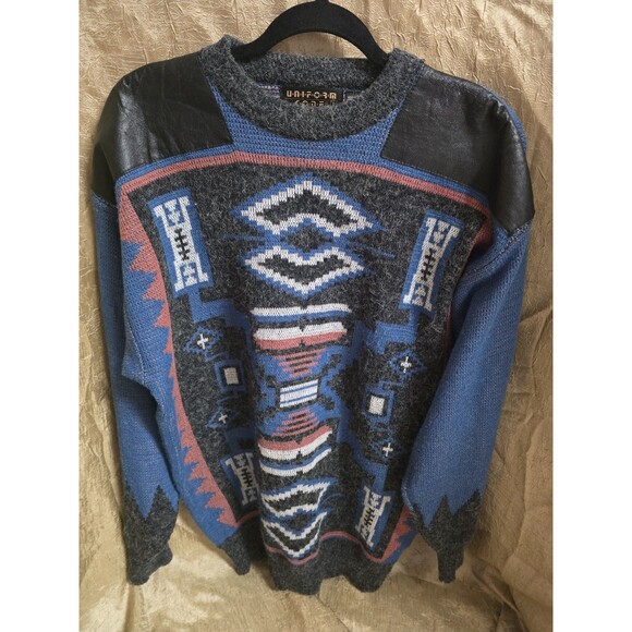 “Vintage Uniform Code Men’s Sweater Large Genuine Leather Trim Aztec Tribal Knit - Picture 2 of 15